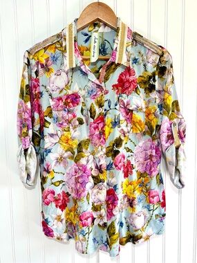 Aratta Silent Journey Floral Button Front Blouse Shirt Gold Trim w/Fringe Size S